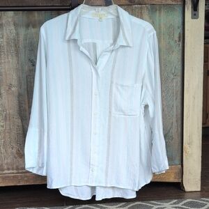 Side Stitch Coastal Linen Striped Button Down - Women's Large